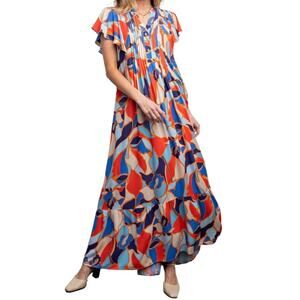 Easel Geometric Floral Maxi Dress Blue Tiered Pockets Small V Neck Boho NWT